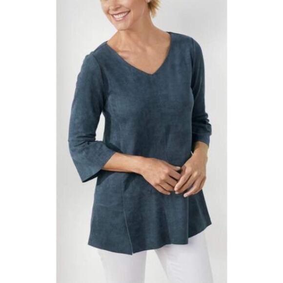Soft Surroundings | Izzy Dark Blue Faux Vegan Suede Feminine Flouncy Top - Picture 10 of 10